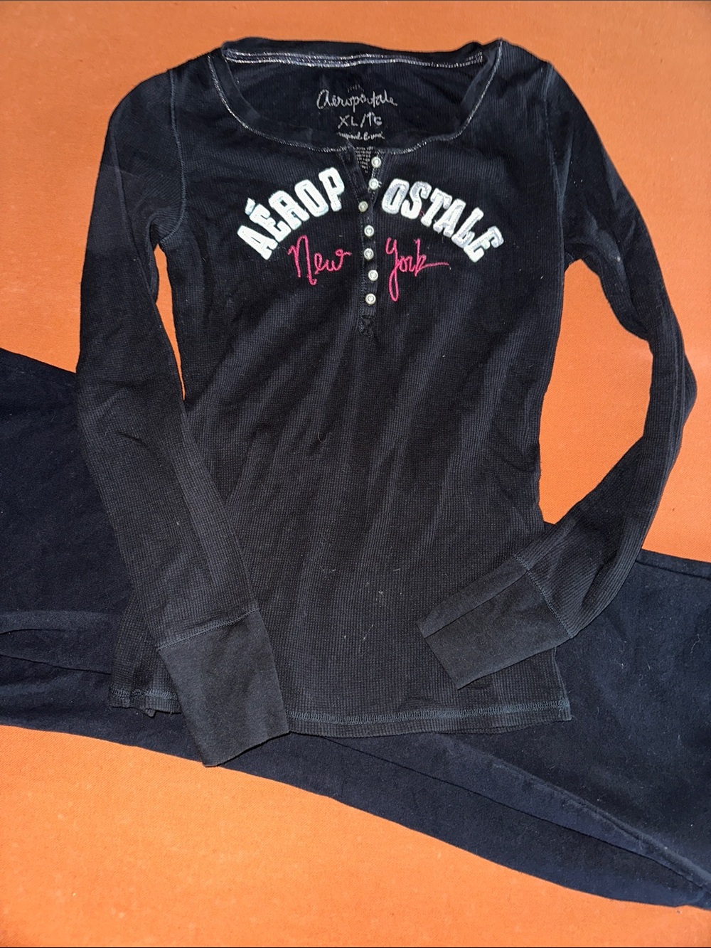 Aeropostale Black Long Sleeve Henley Top with fleece pant , Pink Script Set